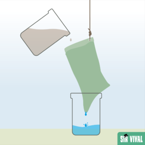 troebel water filteren met behulp van een speciale survival filter zak